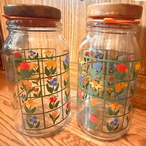 2Tall Vintage 1983 Anchor Hocking Nina Greenhouse glass canisters with wood lids